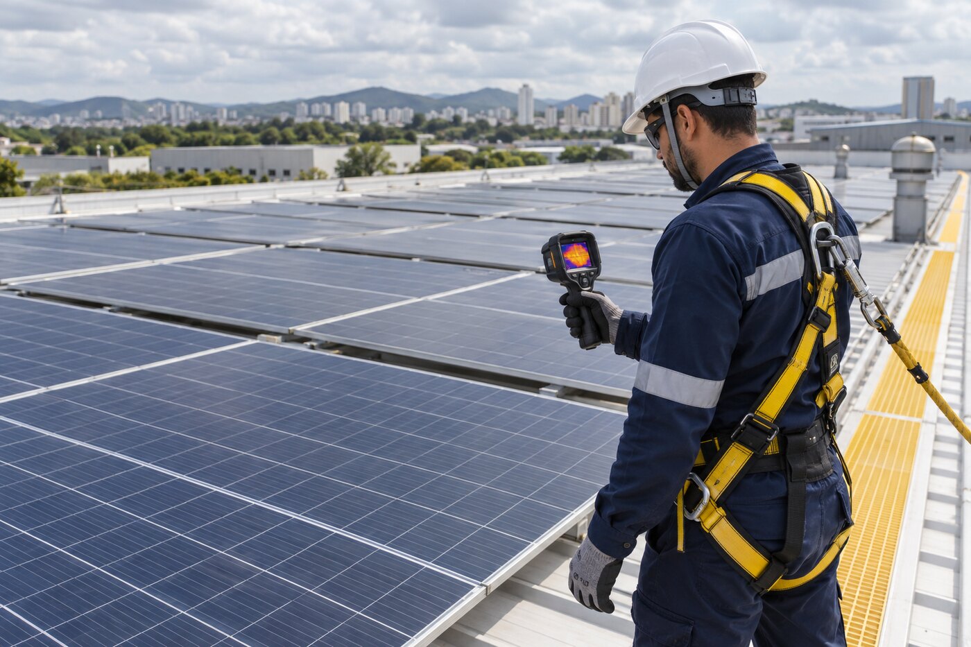 Técnico com equipamentos de segurança realizando inspeção termográfica em módulos fotovoltaicos
